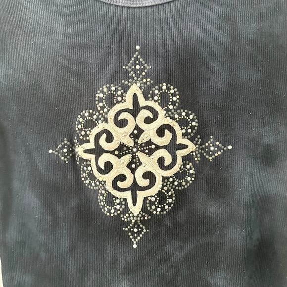 Suzie In The City Navy Blue Tie Dye White Cross Center Design Vtg Y2K Top Medium - Picture 7 of 10